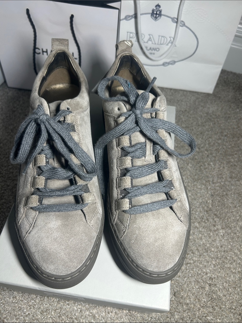 Brunello Cucinelli Gray Suede Low-Top Sneakers with Blue Laces